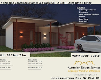 2 Bedroom Container Home | 3 Shipping Containers | Construction House Plans | Blueprints USA  feet & Inches-Australian Metric Sizes- On Sale