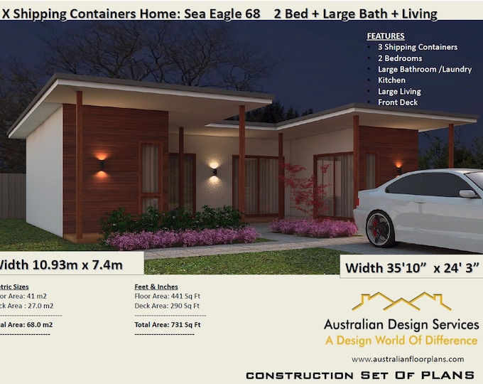 2 Bedroom Container Home | 3 Shipping Containers | Construction House Plans | Blueprints USA  feet & Inches-Australian Metric Sizes- On Sale