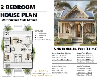 Guest cottage house plan / Small and Tiny House Plans / 59m2 / 635 sq foot house plans / Granny Flat 26 x 35 Backyard apartment-Texan Cabana