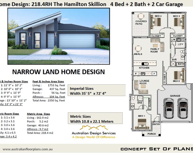 Suits Narrow Land- Skillion Roof 4 Bedroom house plans | 218.4 m2 or 2350 Sq. Feet | 4 Bedroom home design  |  Flip House Plans For Sale