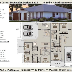 Duplex House Plans | 6 Bedrooms Corner Lot duplex house plans | 6 Bed+4 Bath+4 Car duplex plans | dual | Australian duplex house plans