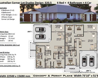 Duplex House Plans | 6 Bedrooms Corner Lot duplex house plans | 6 Bed+4 Bath+4 Car duplex plans | dual | Australian duplex house plans