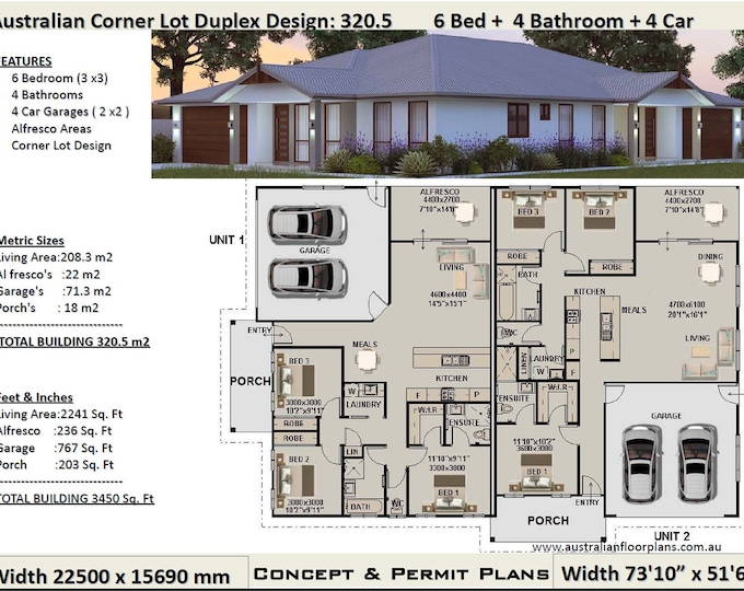 Duplex House Plans | 6 Bedrooms Corner Lot duplex house plans | 6 Bed+4 Bath+4 Car duplex plans | dual | Australian duplex house plans