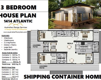 Op de afbeelding: Plattegrond van een 3-slaapkamer containerhuis met een overdekt terras. De plattegrond toont de indeling van de slaapkamers, badkamers, keuken, woonkamer en familiekamer. Het huis is 131,4 vierkante meter groot en heeft een terras.