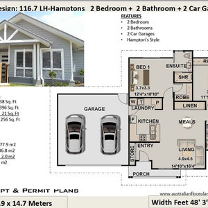 Plano de casa estilo Hamptons de 2 dormitorios con garaje para 2 coches (planos conceptuales)