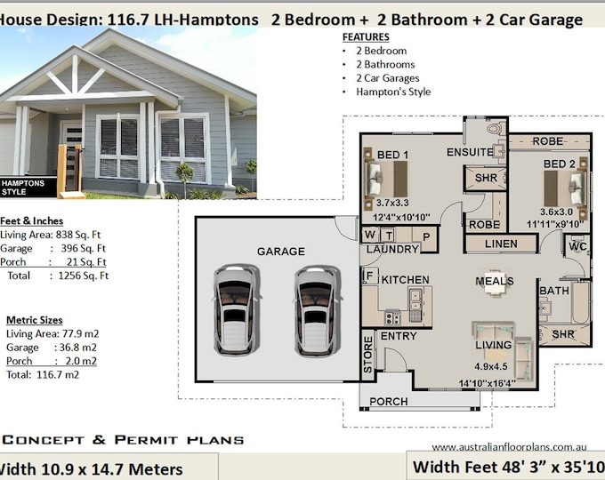 Hamptons Style House Plans, Small House Plan Australia, 2 bedroom small home design, Living Area 838 sq. feet or 77.9 m2, 2 Bed granny flat