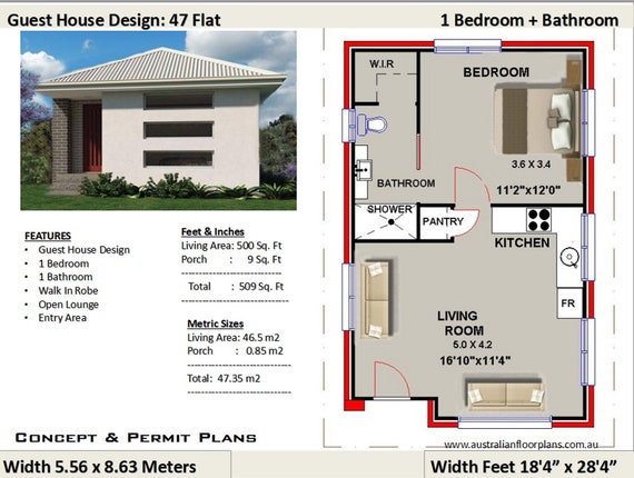 Small House Plan Guest House Design Living Area 509 Sq Etsy