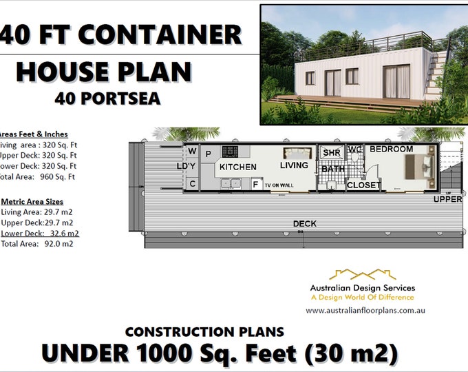 Shipping Container Home Plan 40'x8' | Architectural Plans - Blueprint Digital PDF | - Hurry- Last Sets - Design 40 Portsea 40ft