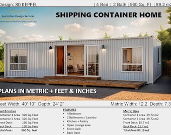 Può includere: Una casa in container marittimo bianca con un ponte in legno. La casa ha una disposizione di 4 camere da letto e 2 bagni con cucina, dispensa e soggiorno aperto. La casa è larga 12,4 metri e profonda 7,3 metri. La casa è anche di 89,2 metri quadrati.