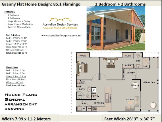 House Plans 68 M2 736 Sq Foot 2 Bedroom House Plan 60 Etsy Hong Kong