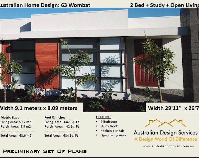 Granny Flat - 2 Bed House Plans / Living area 59.7 m2/ 642 Sq. Feet / 2 Bed + Study Nook /  2 Bed Granny Flat under 60m2 - Concept Plans