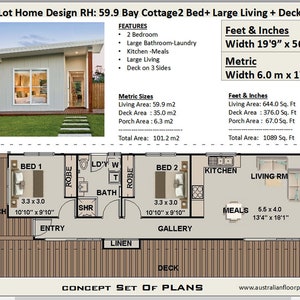 May include: Floor plan for a 2-bedroom house with a large living room and decks. The house is 19'9" wide by 56'7" long. The floor plan shows the layout of the rooms, including the bedrooms, living room, kitchen, bathroom, and laundry room. The plan also shows the location of the decks and porch.