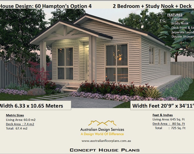 Best Selling house plans under 1200 sq. foot- 2 bedroom small home design, Living Area 645 sq feet or 60 m2, Hamptons Style granny flat