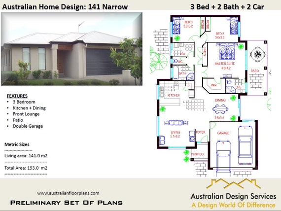  Narrow  Lot  House  Plans  193 m2 3  bedroom Garage  3  Bed Etsy