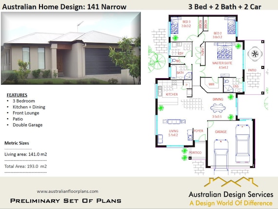  Narrow  Lot  House  Plans  193 m2 3  bedroom Garage  3  Bed Etsy