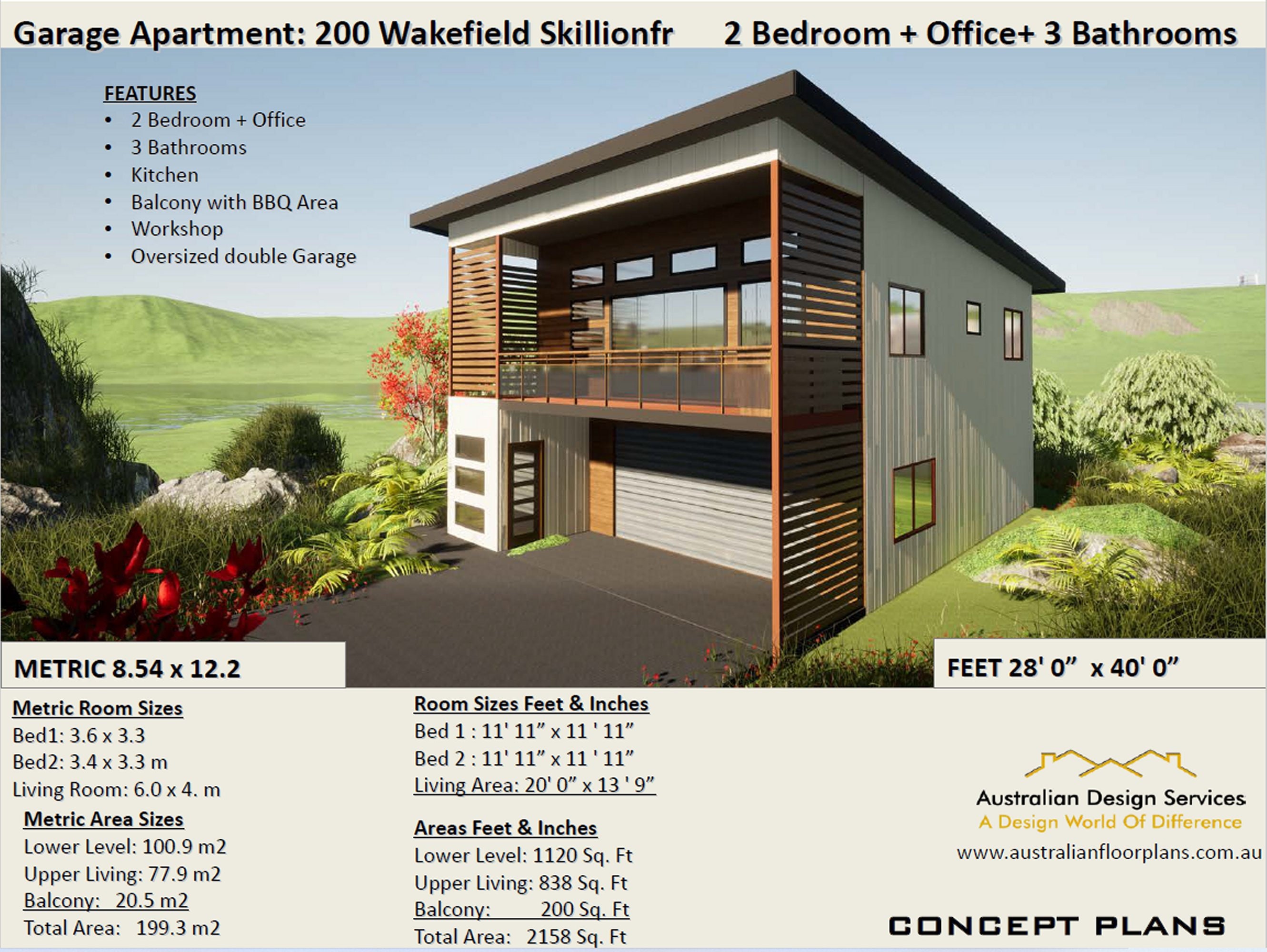 Skillion Roof Granny Flat / Garage Apartment Plan 2 Bed + Office — free download