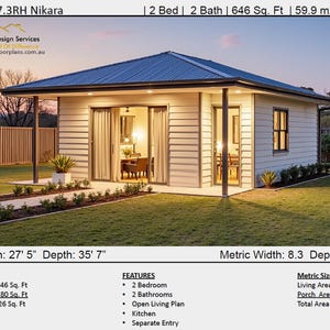May include: Exterior view of a modern, single-story house with a blue metal roof. The house has large sliding glass doors and windows, surrounded by a well-maintained lawn and landscaping. The design is labeled "67.3RH Nikara".