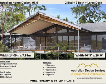 Plans de conception de maison en pente raide - à vendre - 93,6 m ou 1000 pieds carrés - Australien 2 chambres + 2 salles de bain / sur souches et plancher en bois /