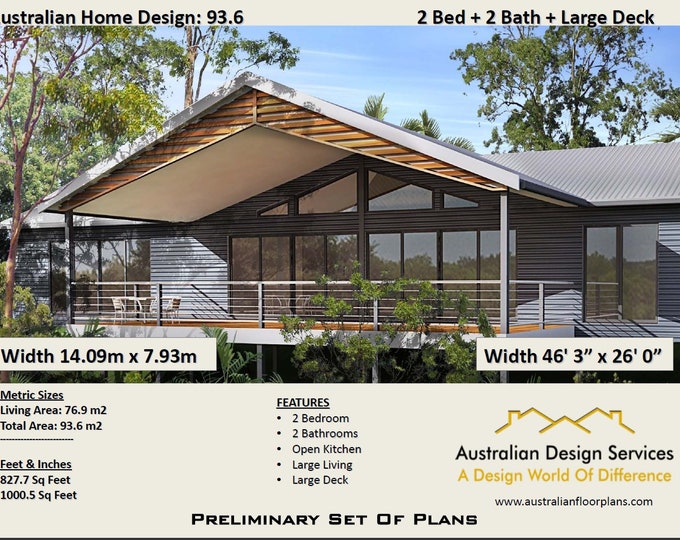 Steep Slope House Design plans- for sale - 93.6 m or 1000 sq foot - Australian 2 Bed + 2 Bath / on stumps and timber floor /