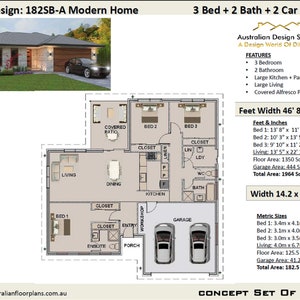 May include: Floor plan for a modern home design with 3 bedrooms, 2 bathrooms, and a 2-car garage. The plan shows a covered patio, kitchen, dining room, living room, and bedrooms with closets. The home is 46' 8" x 48' 1" and has a total area of 1964 square feet.