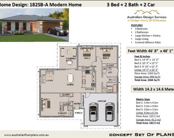 Pode incluir: Planta baixa para um projeto de casa moderna com 3 quartos, 2 banheiros e uma garagem para 2 carros. O plano mostra um pátio coberto, cozinha, sala de jantar, sala de estar e quartos com armários. A casa tem 46' 8" x 48' 1" e uma área total de 1964 pés quadrados.