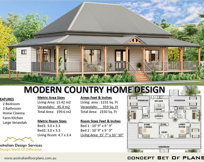 COUNTRY HOME - Small and Tiny Home Design 114.2 m2/ 1231Sq. Feet - Country 2 Bed House Plans Building Plans - modern farmhouse