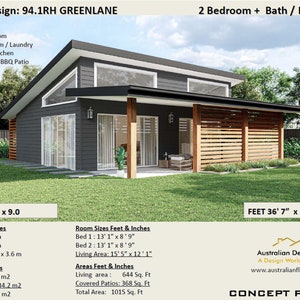 Skillion Roof GRANNY FLAT - Small and Tiny Home Design 59.9m2/ 644 Sq. Feet  - Country 2 Bed House Plans For Sale Under 700 Sq Feet