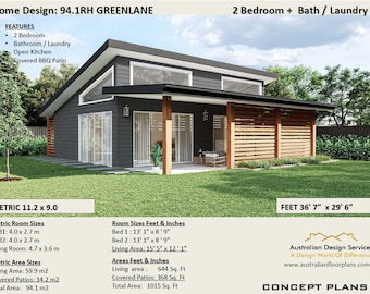 Skillion Roof GRANNY FLAT - Small and Tiny Home Design 59.9m2/ 644 Sq. Feet  - Country 2 Bed House Plans For Sale Under 700 Sq Feet