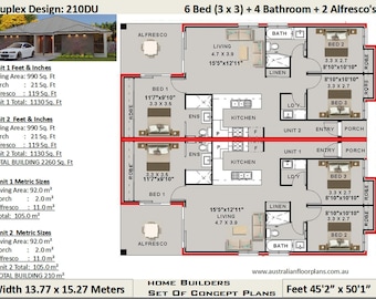 Op de afbeelding: Plattegrond van een duplex woningontwerp met 6 slaapkamers, 4 badkamers en 2 buitenruimtes. De plattegrond toont de indeling van elke unit, inclusief woonruimtes, slaapkamers, keukens, badkamers en buitenruimtes. De plattegrond is getiteld "Duplex Design: 210DU" en bevat maten in voet en inch.