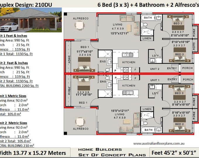 6 Bedroom 4 Bathroom  Duplex House Plan | 210 m2 - 2260 Sq Foot | Duplex Plans | Duplex Floor Plans | Cheap Duplex Concept House Plan Sale