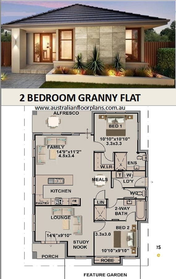 Granny Flat 2 Bedroom Home Plan 111 SBHLH 100 M2 1070 Sq. Foot Concept House  Plans for Sale 