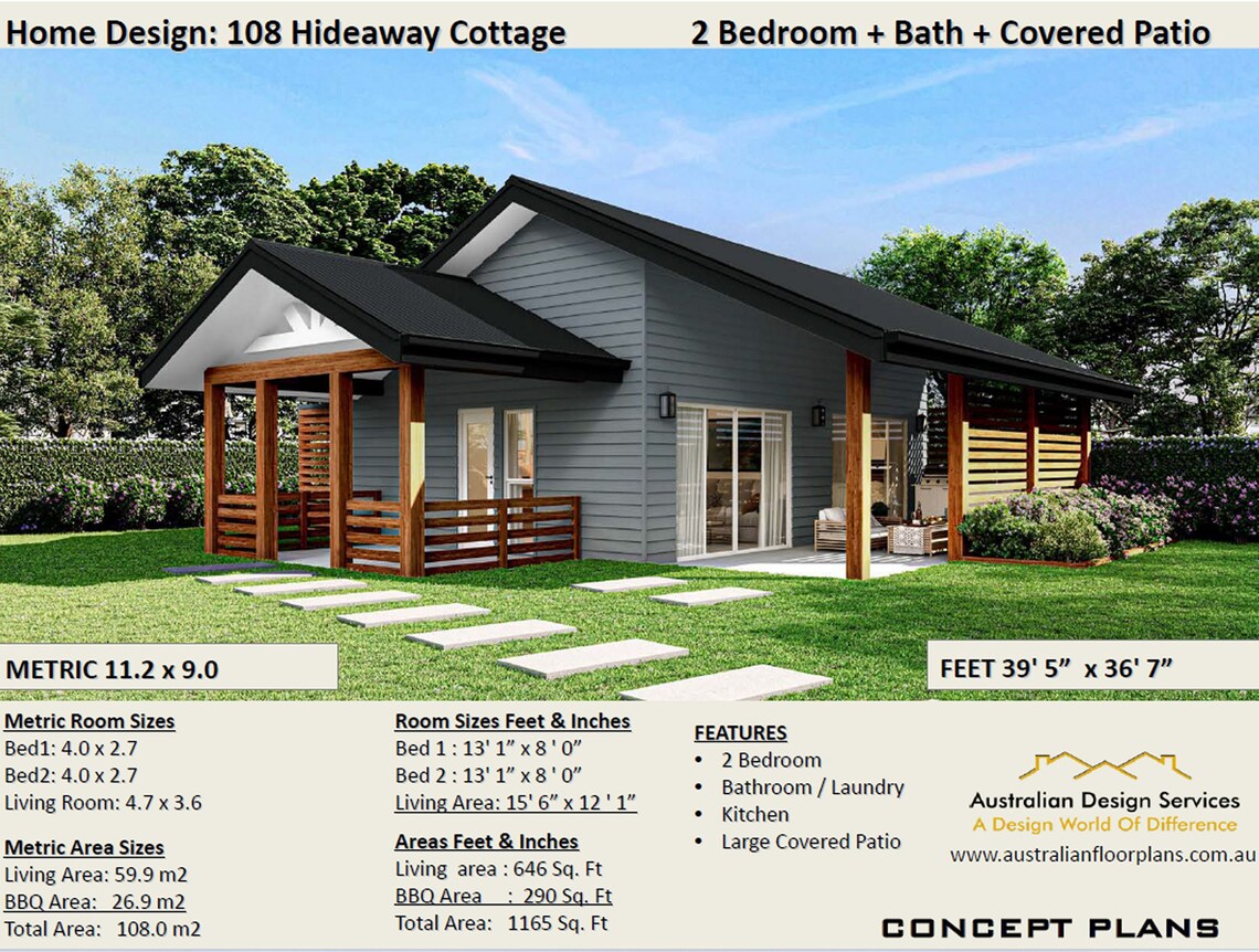 2 BEDROOM GRANNY FLAT Small and Tiny Home Design 59.9m2/ 644 Sq. Feet Country 2 Bed House Plans