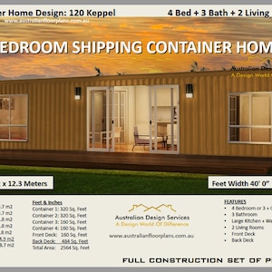 4 Bedroom + 3 Bathroom Shipping Container Blueprints | Construction House Plans | Blueprints USA feet & Inches- Metric Sizes- Floor Plans