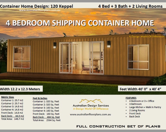 4 Bedroom + 3 Bathroom Shipping Container Blueprints | Construction House Plans | Blueprints USA feet & Inches- Metric Sizes- Floor Plans