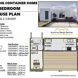 Construction Plan#62.3 Buddy: 20&#39; x 36&#39; (6 x 12 Meters) Modern Container Home Architectural Plans Custom 2 Bath Construction Blueprint