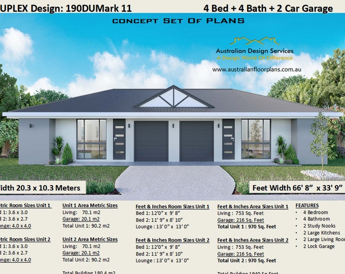 Duplex Design: 190DUMark 11  -  180.4 m2 / 1940 Sq. Feet 4 Bedroom/Bath Room Modern Duplex House Plans-Concept Building Plans Sale