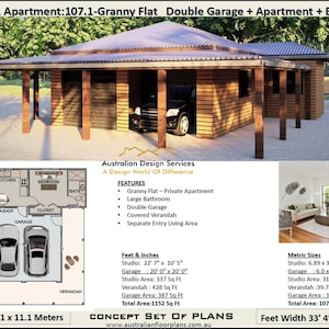 Garage Apartment Plan - Blueprints Area 107.1 m2 |  1152 sq. foot  | 1 Bed house plan | Airbnb Apartment | Carriage house