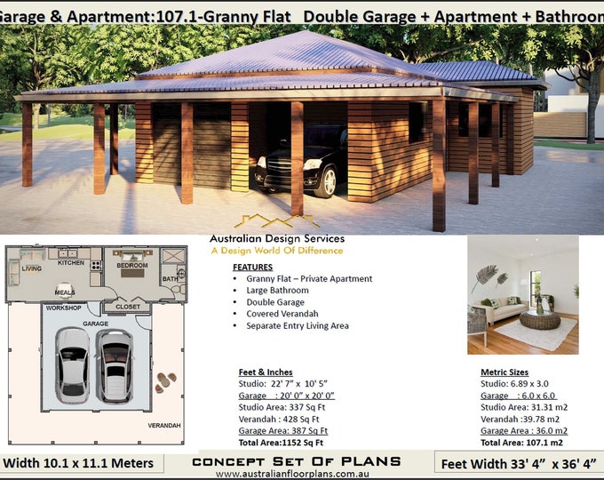 Garage Apartment Plan - Blueprints Area 107.1 m2 |  1152 sq. foot  | 1 Bed house plan | Airbnb Apartment | Carriage house