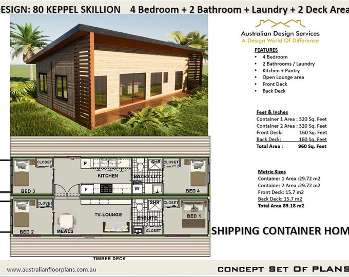 Skillion Roof 40 Foot Shipping Container Home 80 Keppel 4 Bedroom 2 Bath | Concept House Plans | Blueprints USA  feet & Inches- Metric Sizes