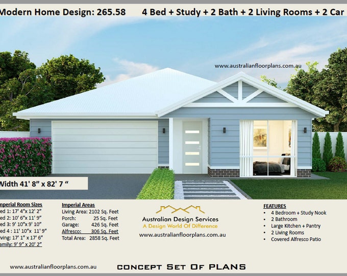 Sleek and Modern Home Design: 4 Bed House Plans for Sale | 4 Bed + Study + 2 Bath + 2 Living Rooms + 2 Car