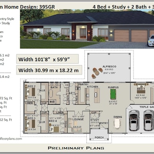 Country Ranch House Plans / 4 Bed + Study +  Home Plans For Sale