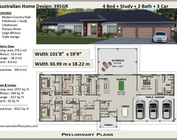 Country Ranch House Plans / 4 Bed + Study +  Home Plans For Sale
