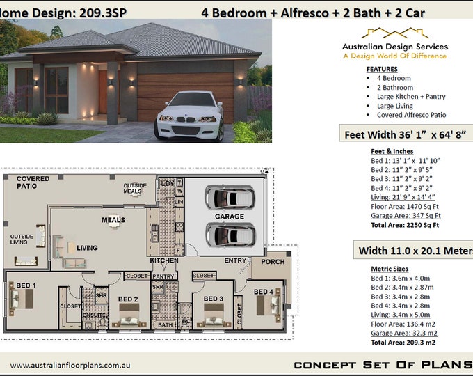 4 Bedroom 2 Bathroom House Design - Floor & Electrical Plans For Sale - 1470 sq ft (136.4 m2) house plans