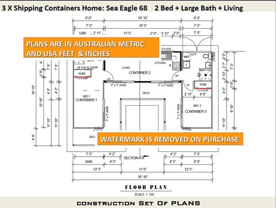 2 Bedroom Container Home 3 Shipping Containers Construction House Plans Blueprints Usa Feet Inches Australian Metric Sizes On Sale