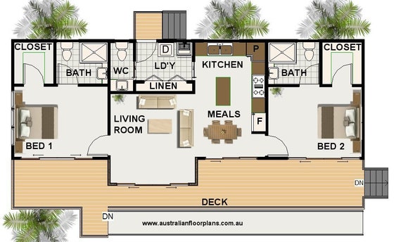 Planimetria Semplice Casa Con 2 Camere Da Letto 3d 7,5 M X 9 M 2