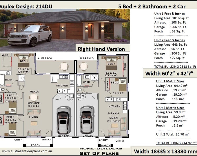 215 m2  or 2313 Sq Foot | 5 Bedrooms duplex design | 5 Bedrooms duplex plans | 5 bedroom duplex | modern dual key duplex | Building Plans