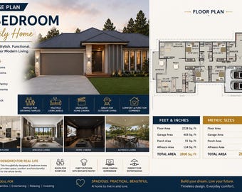 May include: A house plan for a 5-bedroom family home. The image shows a modern house exterior with a garage and a floor plan. Features include 5 bedrooms, 2 bathrooms, a kitchen, and a home cinema. Total area is 2800 sq ft.
