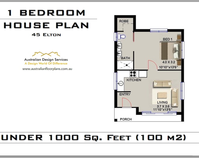 House Plan 1 Bedroom  | 45 Elton | 537 Sq. Foot ( 45.93 m2 )  | 1 Bedroom house plan | 1 Bedroom Home Plan- Blueprints - Concept House Plans