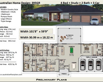 395 m2 or 4252 sq foot - Australian 4 Bed + Study +  Home Plans For Sale / Country Ranch Style / Modern House Design / Triple Garage Design
