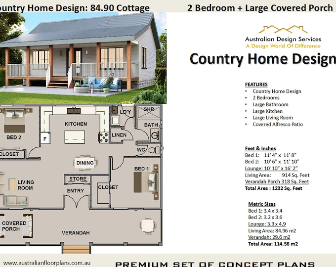 Country Cottage - Small Home Design - 2 Bed House Plans for Sale | 84.9 m2 -914 Sq. Feet